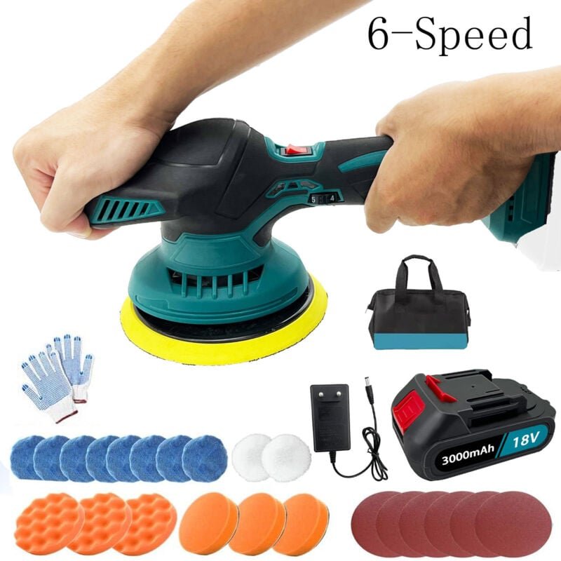 Polierer, 6-Zoll-Akku-Autopolierer, 6-Gang-Elektropolierer mit 18 Ersatzpad-Aufsatz für Makita DPO600Z + 1 Akku + 3,0-A-...