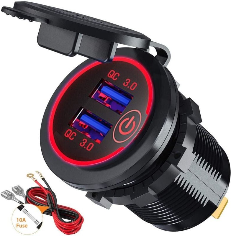 USB 3.0 Schnellladegerät fürs Auto mit Schalter, 12 V/24 V, 36 W, Dual QC3.0 USB für LKW und Boot