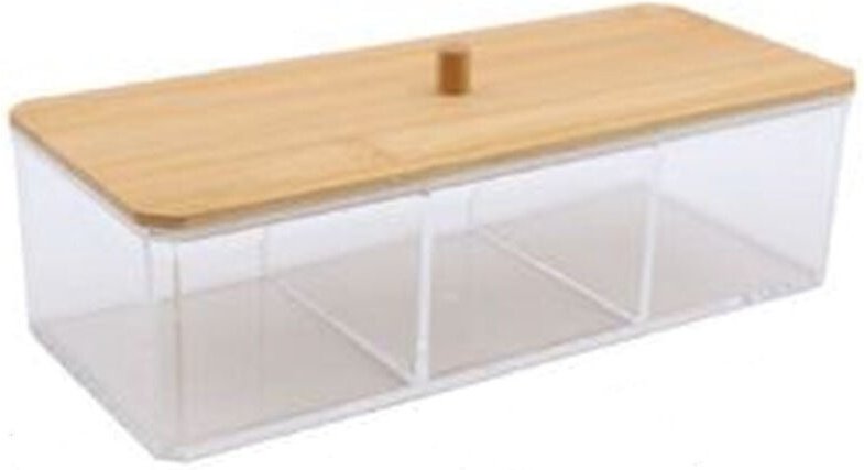 Trade Shop - CONTENITORE ORGANIZER PER COSMETICI A 3 SCOMPARTI TRASPARENTE CON COPERCHIO IN LEGNO 10827 -