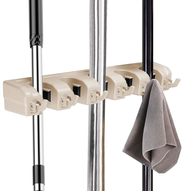 PC (Beige) Multifunktionaler Wand-Mopphalter, Wand-Mopp- und Besen-Organizer mit 5 Kugelschlitzen und 6 Haken