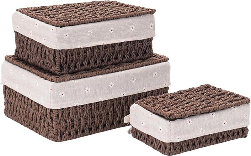 Set mit 3 gewebten Aufbewahrungskörben mit Deckel und Futter – Stapelbare rechteckige Boxen für Schlafzimmer, Badezimmer...