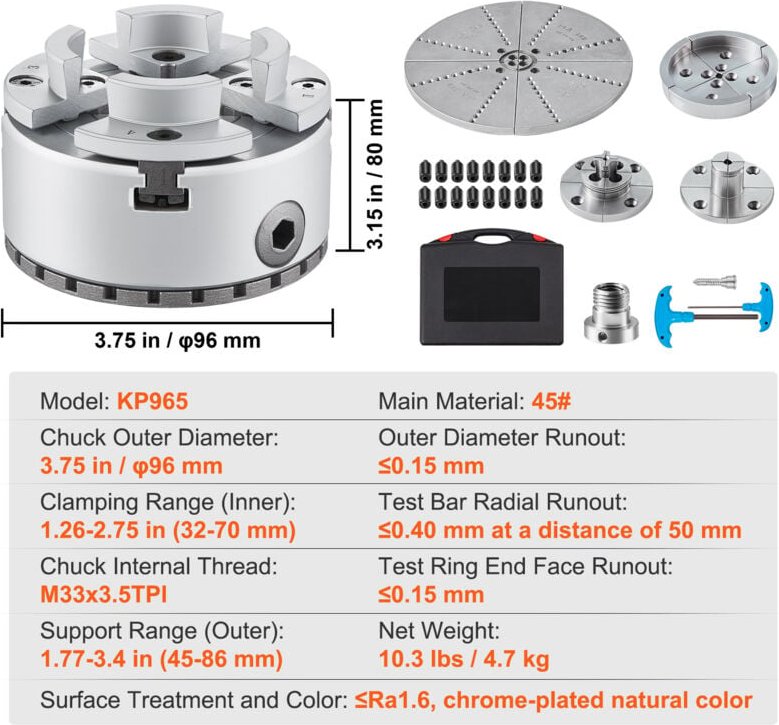 Mophorn - KP965 4-Backen-Drehfutter, 3,75 Zoll Durchmesser, Metalldrehzubehör mit 5 Backensätzen, selbstzentrierendes Pr...