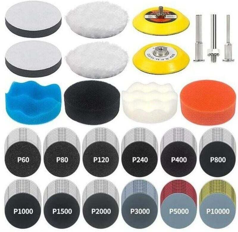 Ce kit de ponçage et de polissage de 133 pièces de 7,6 cm (3 pouces) comprend des disques de papier de verre, des disque...