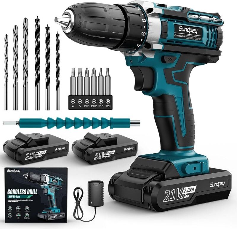 21-V-Akku-Bohrschrauber – Akkuschrauber mit 2 Akkus, 45 Nm maximalem Drehmoment, 2 Geschwindigkeiten, 18+1 Drehmomentein...