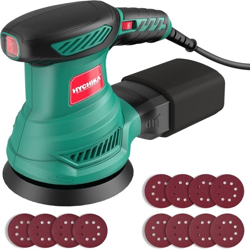 Hychika - Exzenterschleifer, 300 w Schleifer, 6 Geschwindigkeiten, mit 12 Stück Schleifpapier (Körnung 80/120/240, 8 Löc...