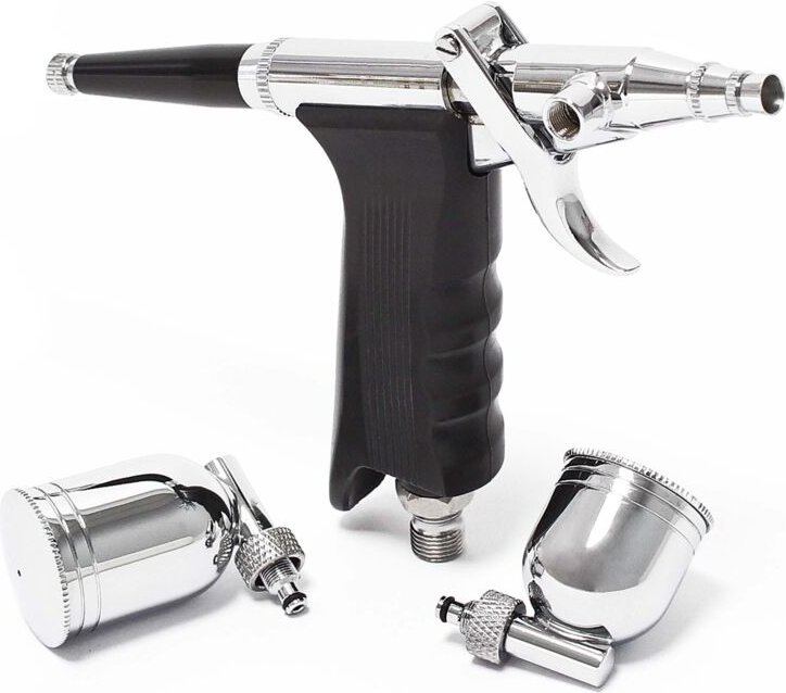 Wiltec - Airbrush Pistole Typ 116 LN-116K mit Double Action Funktion, Nadel und Düse ø 0,3 mm, 2 Farbbecher, Adapter für...