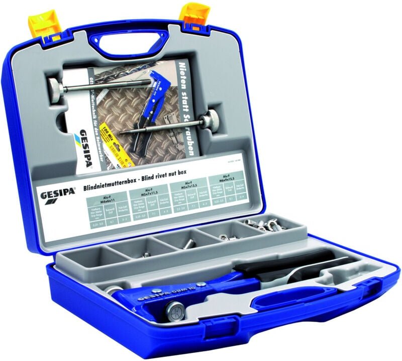 Gesipa Blindnietmutternsortimentbox 156 teilig Zange GBM10 u.Blindnietmutter M4 - M6 im Kunststoffkoffer