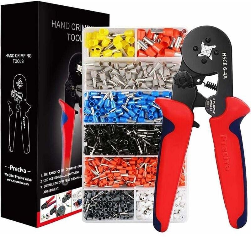 Crimpzange mit 1200 isolierten Crimpverbindern von 0,25 mm² bis 10 mm². Elektrikerzange, Werkzeuge, elektrische Klemmen ...