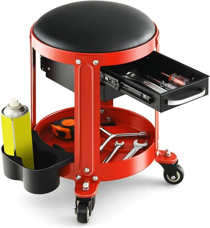 Thumbnail - Werkstatthocker, Runder Montagehocker mit abnehmbarem Kissen, Werkzeugablage, 2 Schubladen & Doppeldosenhalter, Arbeitsh...