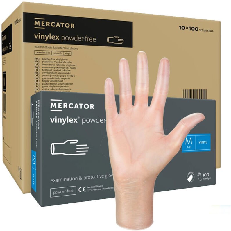 Vinylhandschuhe, Größe M, puderfrei, Mercator Vinylex, transparent, 100 Stück, Karton (10er-Packung)