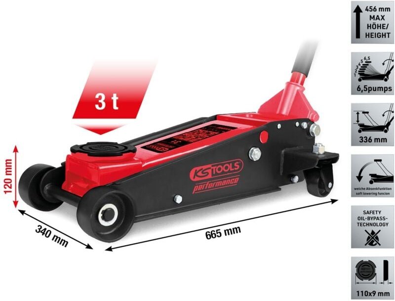 KS Tools performance Hydraulischer Stahl-Wagenheber, 3000 kg, Hubhöhe: 120-456 mm