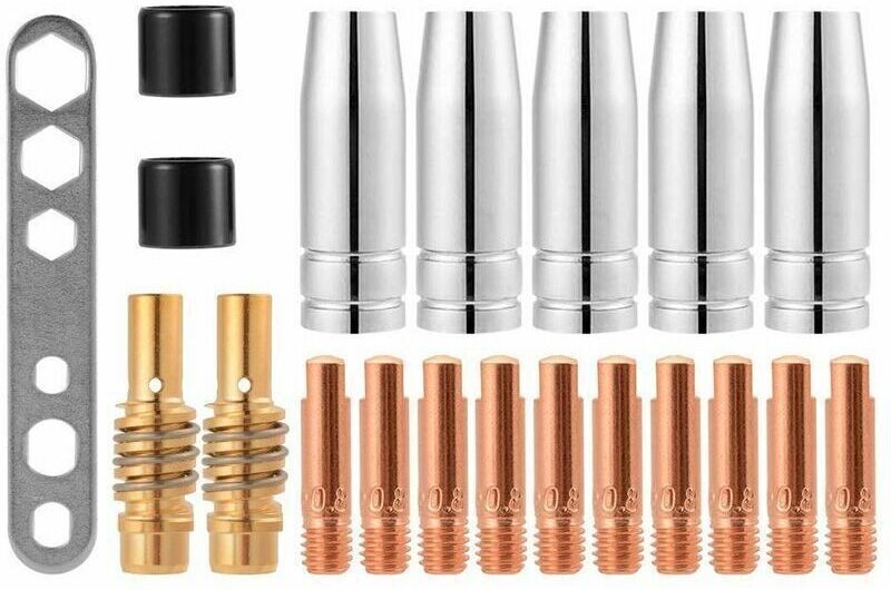 20-teiliges 15AK MIG/MAG Schweißdüsen-Kontaktspitzen-Set M6 0,8x25mm Gasanschlusshalter (10 x Kontakt, 5 x Düse, 2 x Ans...