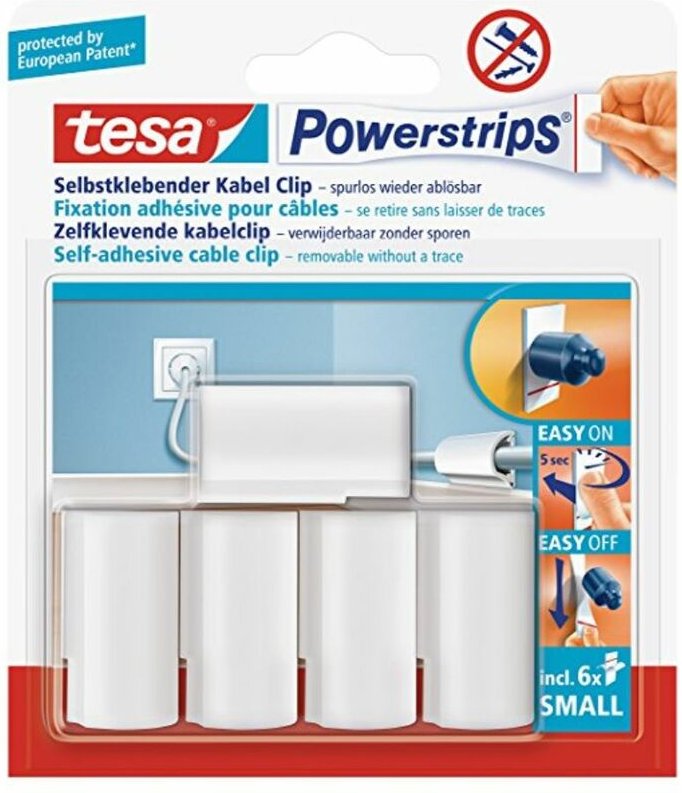 Tesa - Powerstrips Kabelclip / Kabel Clip selbstklebend / Zur Fixierung von Kabeln / In Weiß / 1 x 5 Stk.