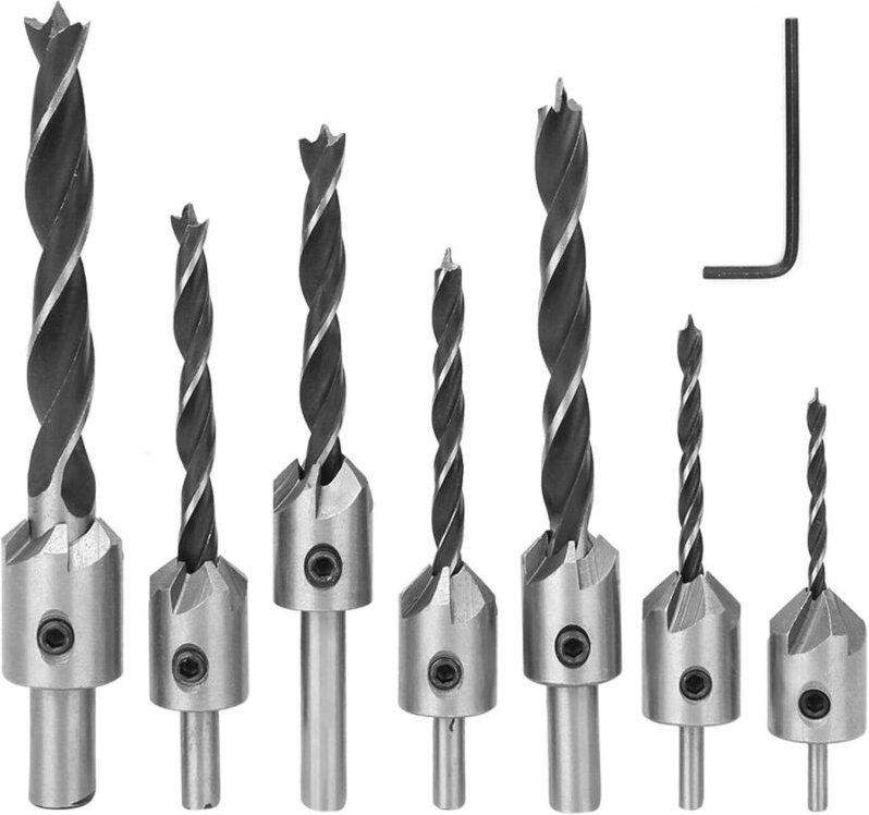 Anfasbohrer-Set, 7-teilig, Dreipunkt-Hammerbohrer, Anfasbohrer 3, 4, 5, 6, 7, 8, 10 mm, für Holz, HSS, Holzbearbeitung, ...