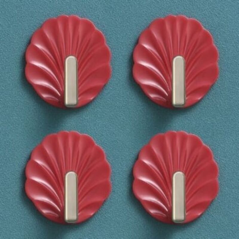 4 Wandhaken in Muschelform - rot, niedliche Wandhaken, selbstklebende Hängehaken für Handtasche, Handtuch und Schlüssela...