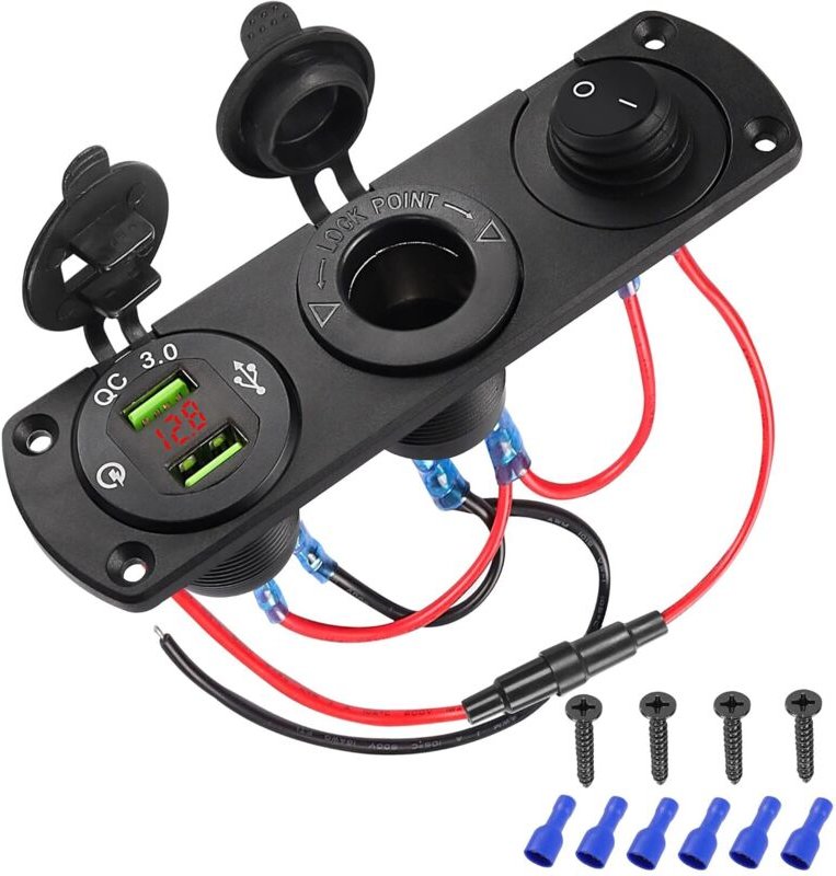 12-V-Zigarettenanzünderbuchse für Autos – Dual-QC3.0-USB-Ausgangspanel – Vorverdrahtetes, wasserdichtes 3-in-1-Ladegerät...