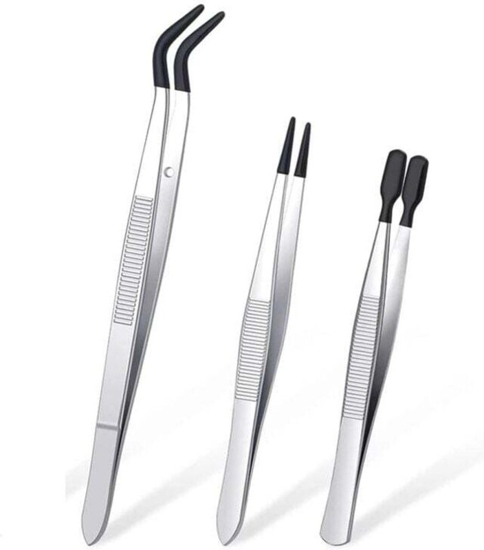 3-teiliges Pinzettenset mit Gummispitzen, PVC-beschichtet, gerade und flach, schwarz