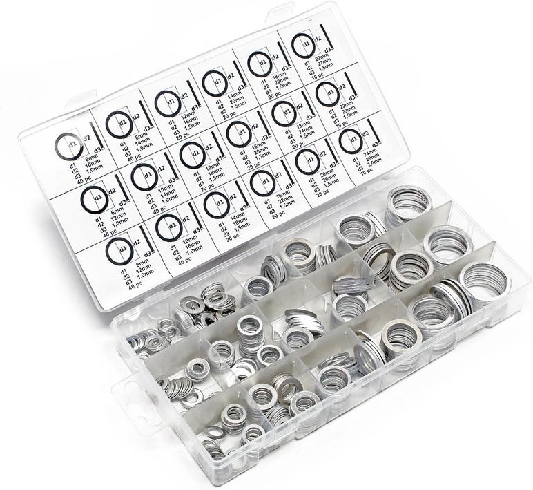Wiltec - Aluminium Dichtring Set 450 teilig, Satz Dichtungsringe in übersichtlicher Kunststoffbox, o Ring Sortiment in v...