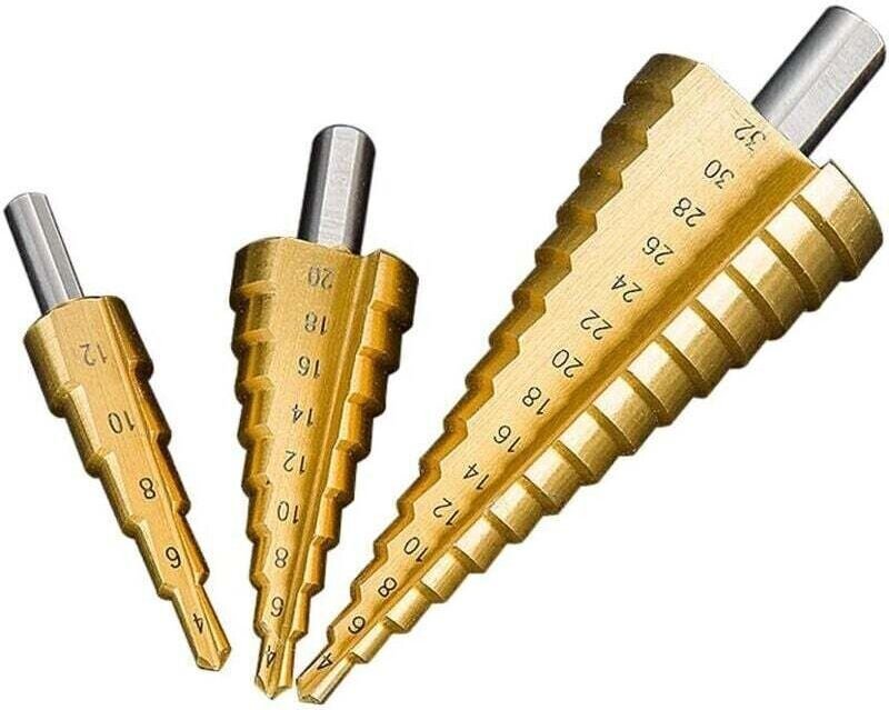 Set mit 3 Stufenbohrern, konischen Stufenbohrern, Stahlzwinge, HSS 4-12/4-20/4-32..