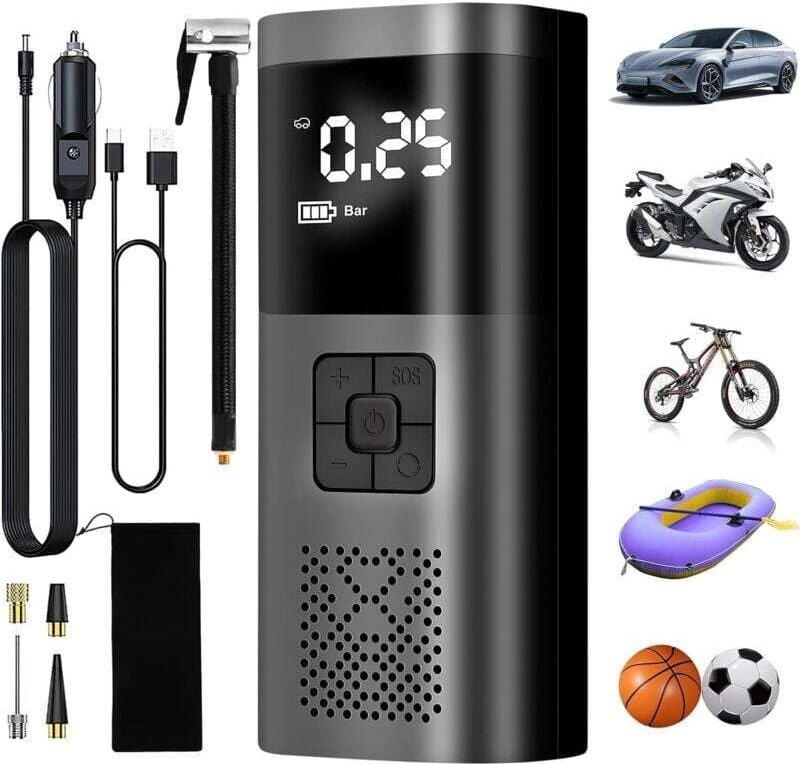 Thumbnail - Autoreifenfüller, tragbarer Luftkompressor mit 6000 mAh, kabellos, 150 PSI, mit digitalem LCD-Bildschirm, elektrische Fa...