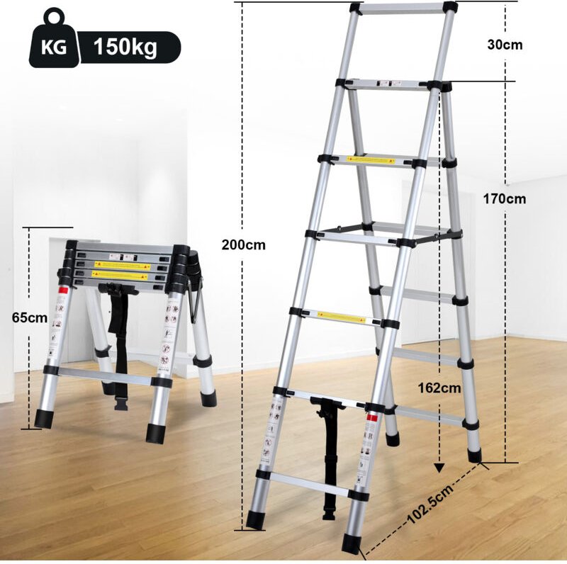 Randaco Teleskopleiter Ausziehleiter Klappleiter 1.7m+2.0m Stabil Anlegeleiter Aluminium Stehleiter bis 150kg