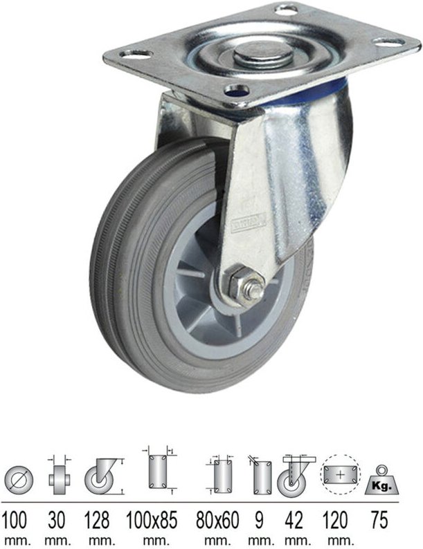 Graue, industrielle Gummirolle mit Platte 100 mm.