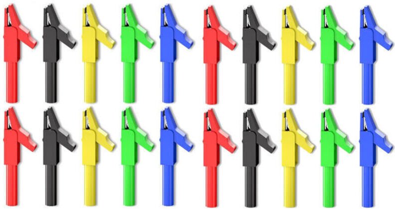 Isolierte Krokodilklemmen 4 mm, 20 Stück, 300 V, 15 A, fünf Farben für elektrische Prüfgeräte (Multimeter)