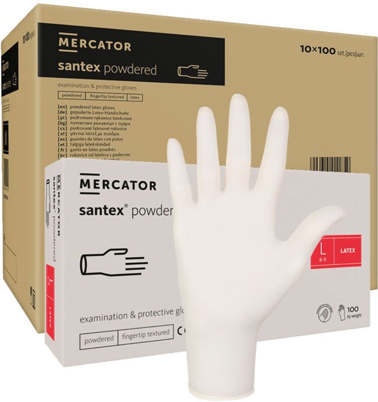 Latexhandschuhe Größe L, gepudert, Santex-Fingerpuder, 100 Stück pro Karton (10er-Packung)