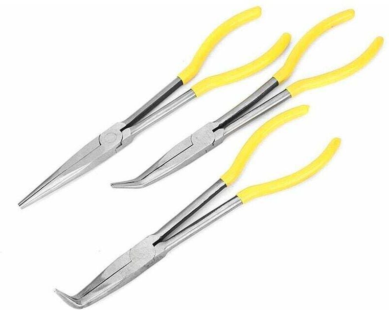 3 Stück Lange Zange mit geradem, gebogenem Spitze aus Kohlenstoffstahl, Extra lange Zange für Elektriker, Handwerkzeug-S...