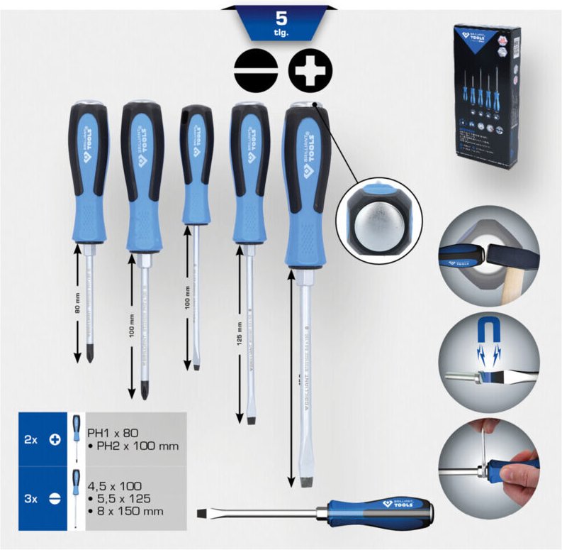 Brilliant Tools - Schraubendreher-Satz mit Schlagkappe, 5-tlg, Schlitz, ph Phillips