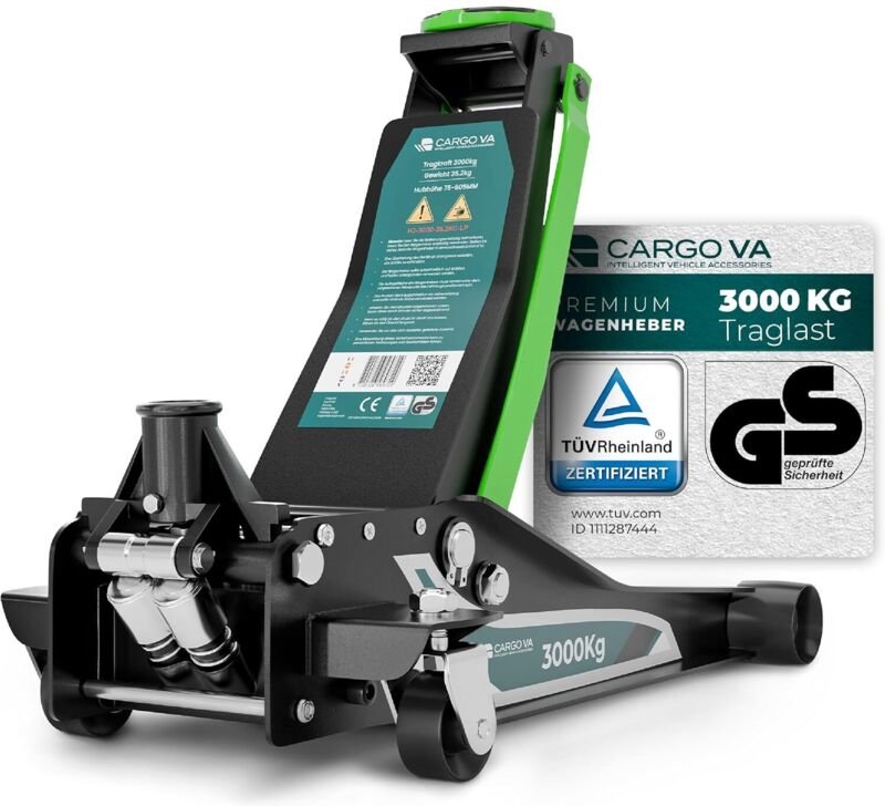 CargoVA Wagenheber Hydraulisch 3T - TÜV Zertifiziert 75-505 mm Hubhöhe, Wagenheber SUV inkl Gummiauflage, Profi Rangierw...