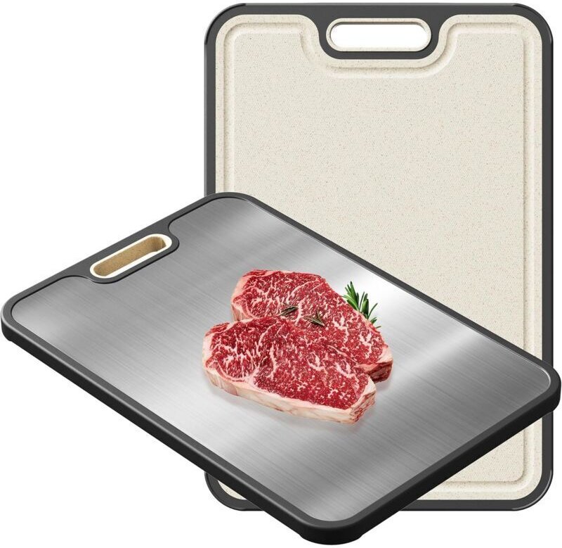 Doppelseitiges Schneidebrett aus lebensmittelechtem Edelstahl mit Griff, geeignet für Fleisch, Obst und Gemüse, rutschfe...