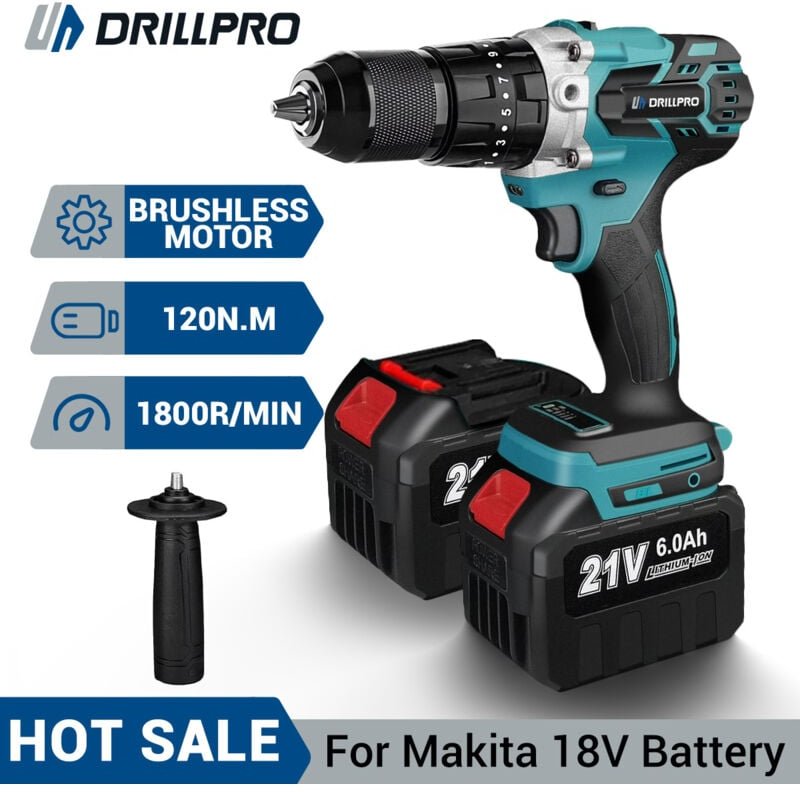 3 in 1 Bürstenloser Akkuschrauber 1800 U/min mit 1/2" Schnellspannbohrfutter, LED-Licht mit 2 Akkus