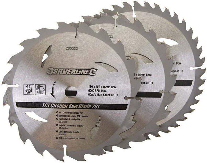 Silverline - Hartmetall-Kreissägeblätter mit 20, 24 und 40 Zähnen, 3er-Pckg. 190 x 16, kein Reduzierstück