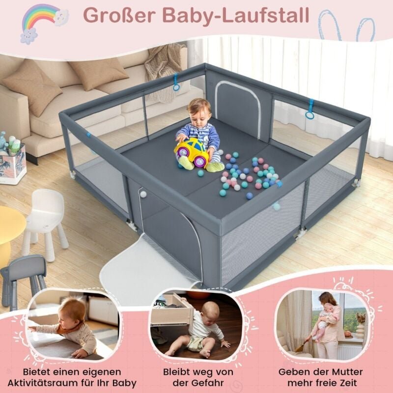 200 x 180 cm baby laufstall mit 50 ozeanballen 4 griffen tur laufgitter krabbelgitter grau