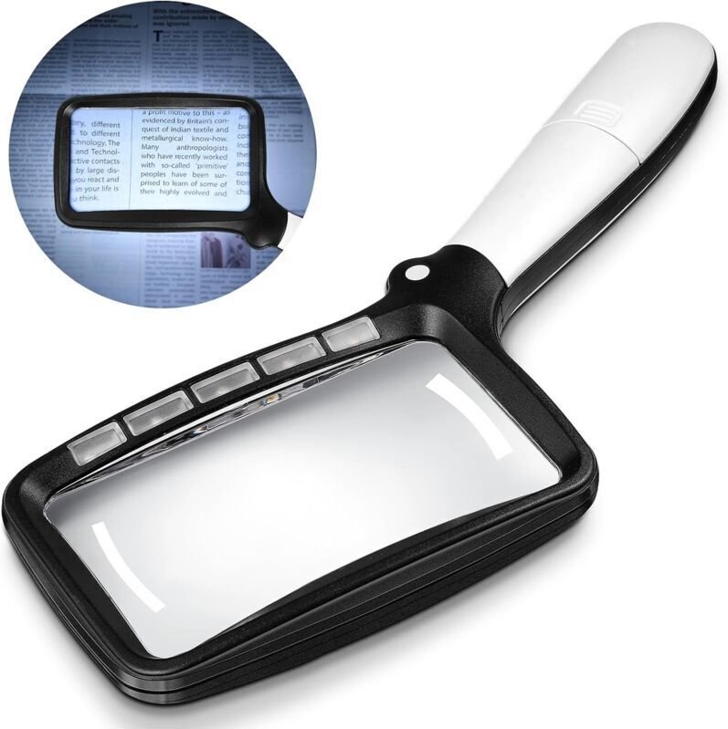 Faltbare Leselupe mit Licht, 3-fach vergrößernde rechteckige Leselupe mit 5 LEDs, 2 Dimmstufen, ideal für Senioren und U...
