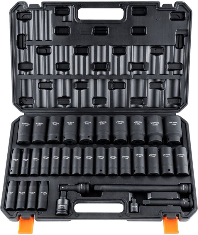 Vevor 1/2 Zoll Steckschlüsselsatz CR-V-legierter Stahl 34-tlg Steckschlüssel Satz 8-36 mm Tiefe Stecknüsse Schlagschraub...