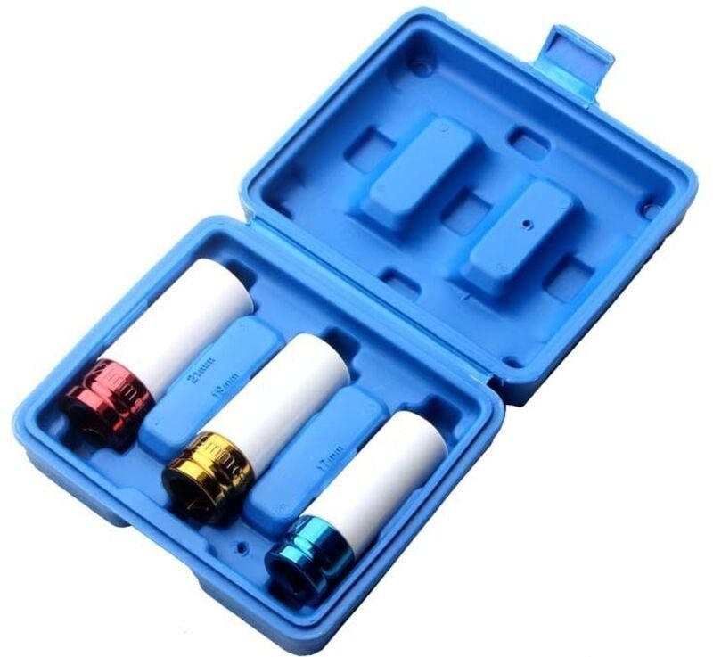 Spann-Steckschlüsselsatz, Schlagschrauber-Bit für Leichtmetallfelgen, Reifenhülsenfarbe 17 mm, 19 mm, 21 mm, - Ahlsen