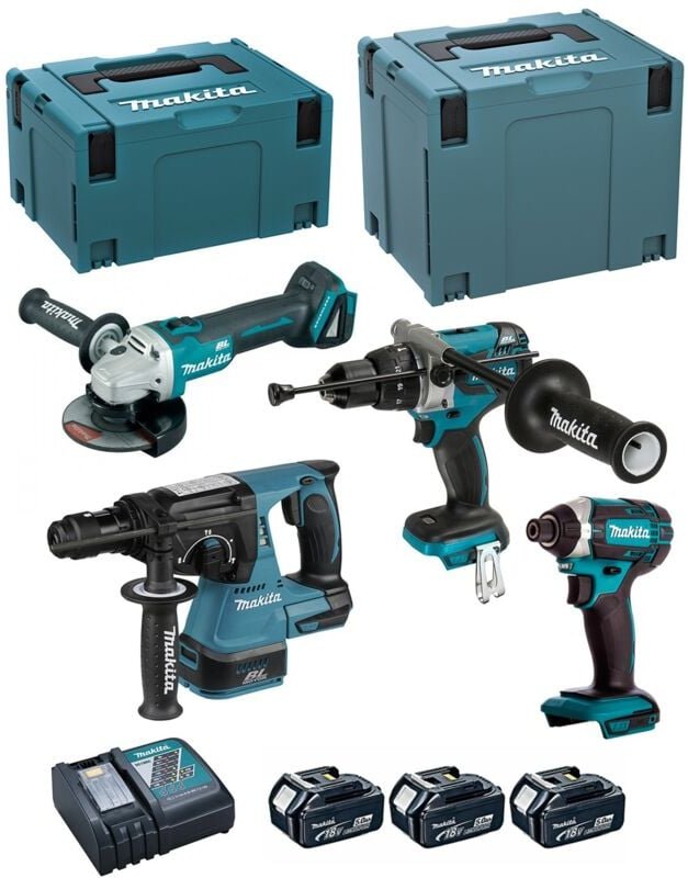 Makita - Kit DLX4050TJ (DHP481 + DTD152 + DHR243 + DGA504 + 3 x 5,0 Ah + DC18RC + makpac 3 + makpac 4)