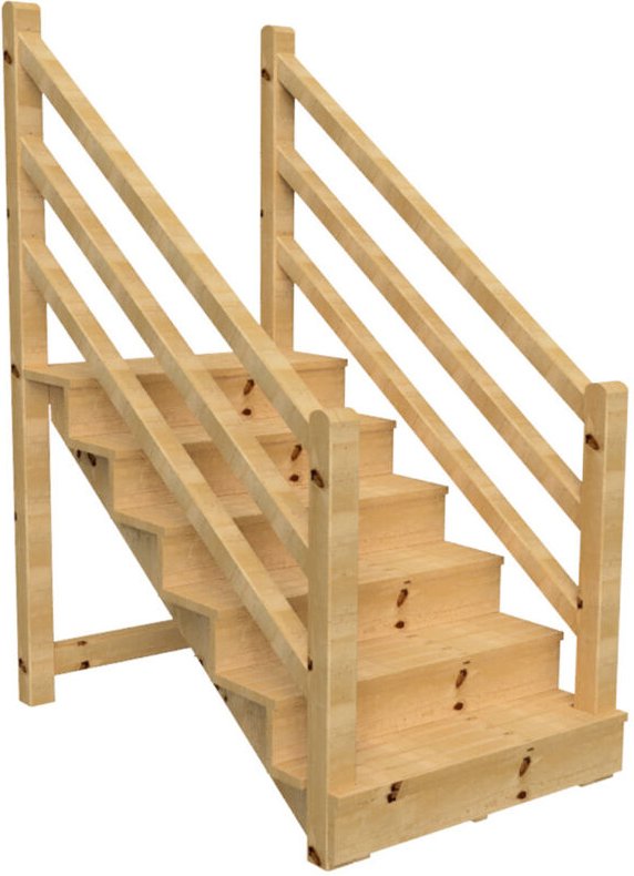 Holztreppe VENEZIA mit Treppengeländer beidseitig, 6 Stufen, H105cm B120cm, mit Setzstufen