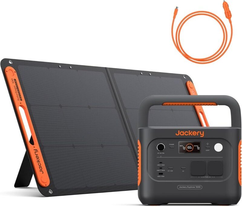 Jackery E1000 v2 Tragbare Powerstation mit 100W Solarpanel, 1070Wh LiFePO4 Solargenerator mit DC8020 Kfz-Ladekabel,1 Std...