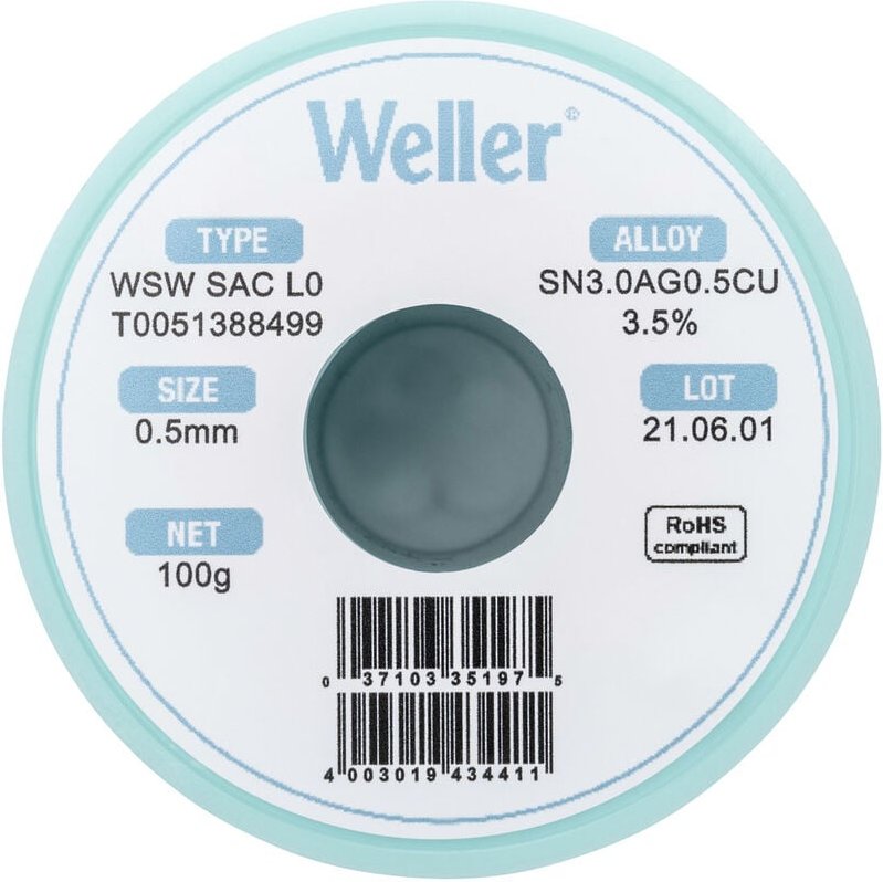 Weller - wsw sac L0 Lötzinn, bleifrei Spule Sn3,0Ag0,5Cu 100 g 0.5 mm