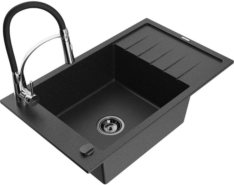 Elias 1 Becken-Granitspüle mit Abtropffl√§che und Mischbatterie Aster, Schwarz/Silbermetallic - 6511-73-73450-07-B - Mex...