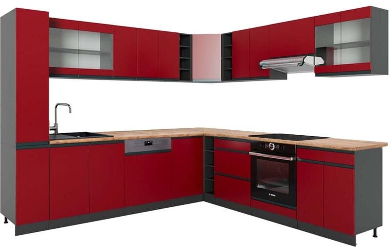 Vicco - Eckküche R-Line, Rot/Anthrazit, 257 x 277 cm J-Shape, ap Eiche