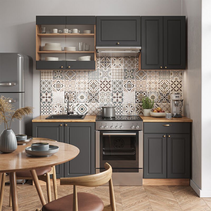 Vicco - Küchenzeile Fame-Line, Anthrazit Landhaus/Goldkraft Eiche, 200 cm , ap Anthrazit