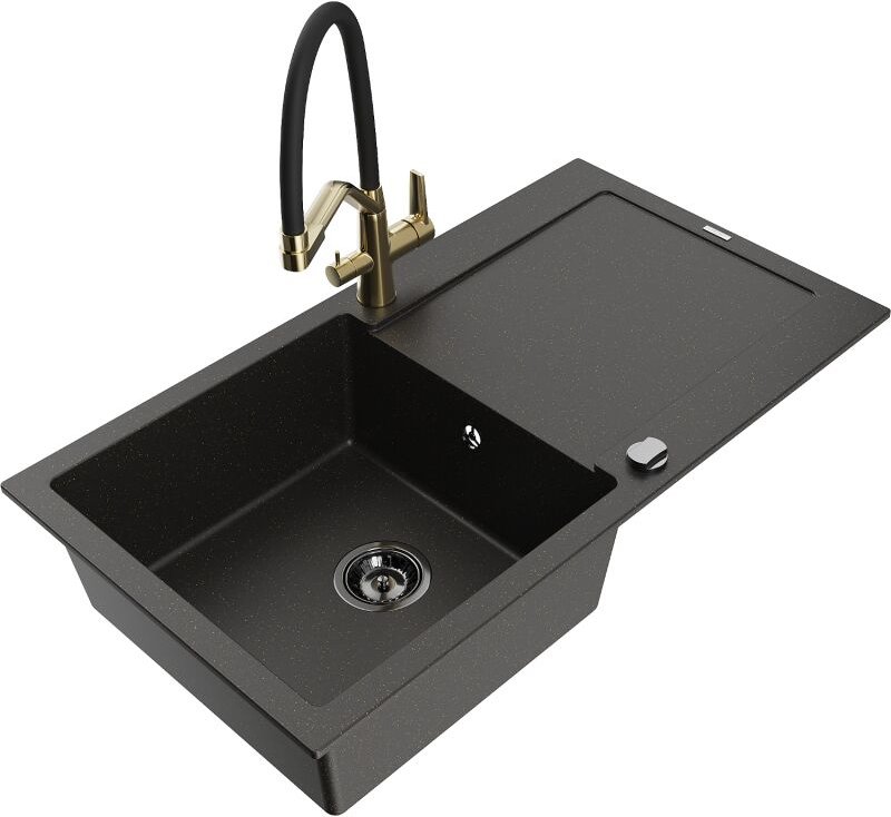 Leo 1 Becken-Granitspüle mit Abtropffl√§che und Mischbatterie Duo, Schwarz/Gold metallisch - 6501-75-671701-57-B - Mexen