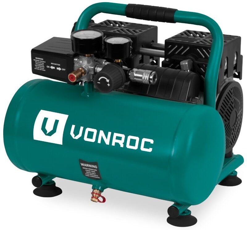 Vonroc - Leiser Luftkompressor – Ölfrei – 750 w – 1 ps – 128 l/min. - 6-Liter-Tank – 8 bar – 57,5 dB(A) – Grün