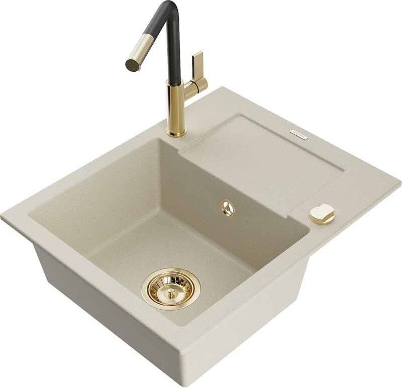 Enzo 1 Becken-Granitspüle mit Abtropffläche und Mischbatterie Flora, Beige - 6506-69-670401-57 - Mexen