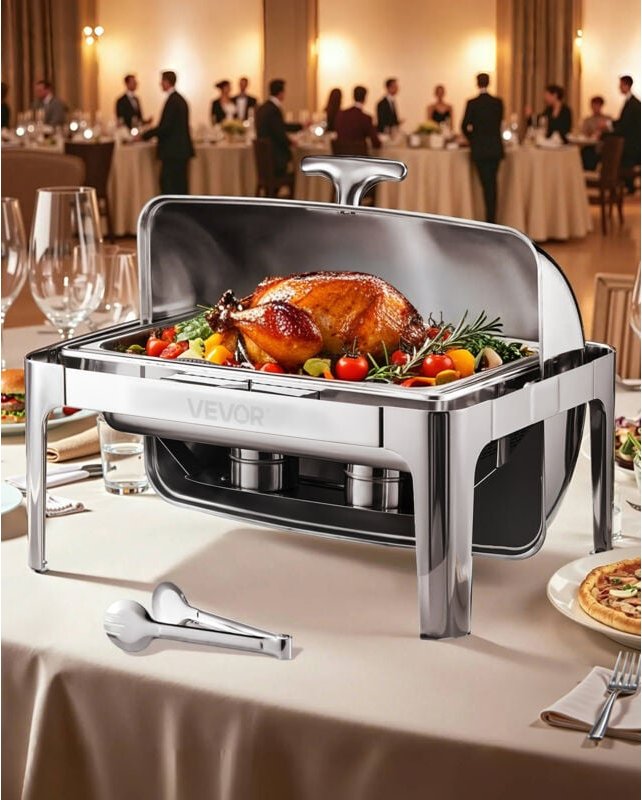 Chafing Dish Set Speisenwärmer Edelstahl mit Pfannen in voller Größe (8,5 l), rechteckiger Wärmespender mit Roll Top Dec...