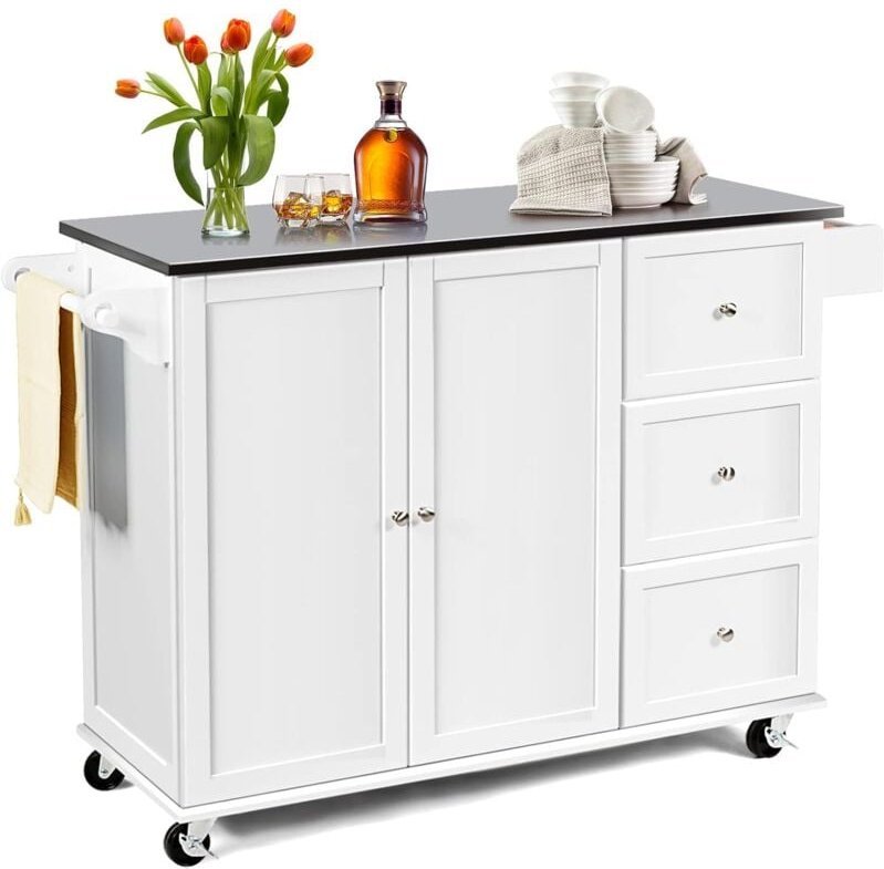 Kücheninsel mit Edelstahlplatte, Küchenwagen auf Rollen, Rollwagen mit Schubladen, Handtuchhalter & Gewürzregale, Servie...